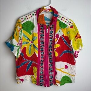 Sandy Starkman Tropical Floral Short Sleeve Jacket Full Zip Embroidered patch